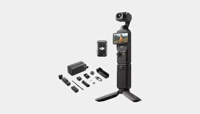 Acessórios da DJI Osmo Pocket 3 Creator Combo, incluindo DJI Mic 2 e tripé