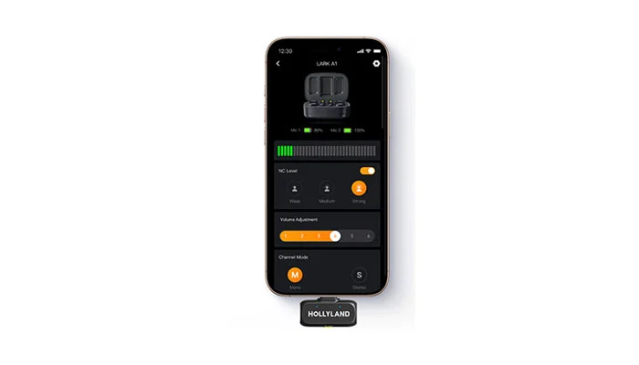 Configurações do microfone Hollyland Lark A1 no aplicativo