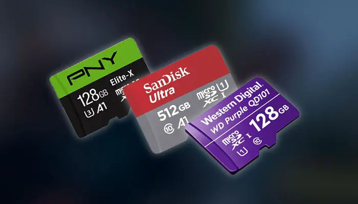 Close-up de um cartão microSD de alta resistência ao lado de uma câmera de segurança de lente preta, simbolizando a união perfeita para vigilância