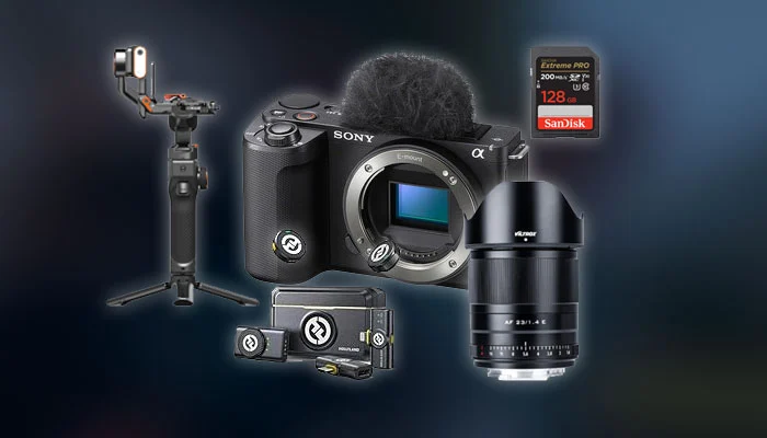 Câmera Sony ZV-E10 com acessórios como lente, microfone e gimbal para vlogging