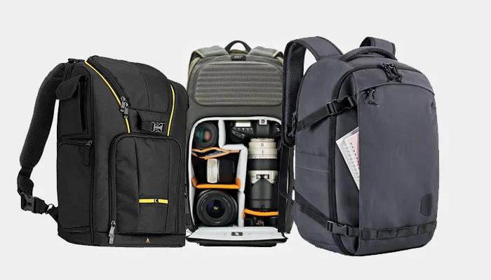 Divisórias acolchoadas de mochila para equipamento fotográfico organizando câmera e lentes