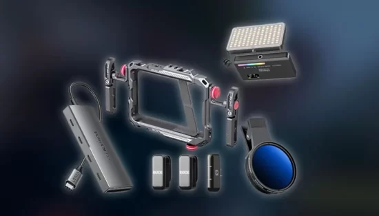 iPhone com kit videomaker profissional para gravação de vídeos