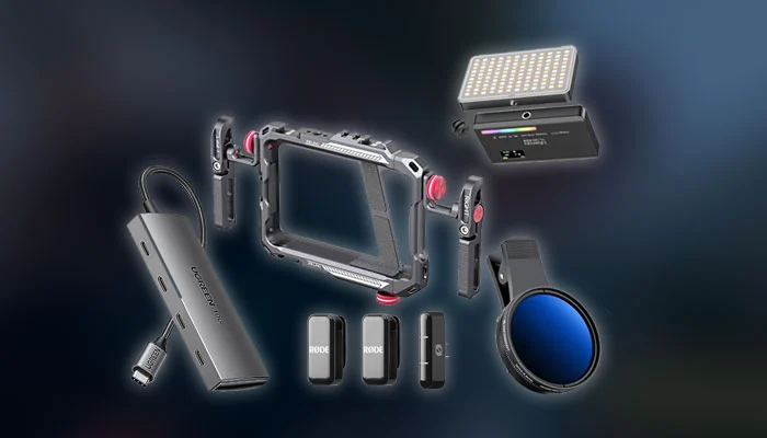 iPhone com kit videomaker profissional para gravação de vídeos