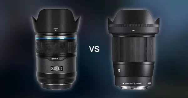 Lente Sirui 16mm F/1.2 Nightwalker lado a lado com a lente Sigma 16mm F/1.4 DC DN Contemporary.