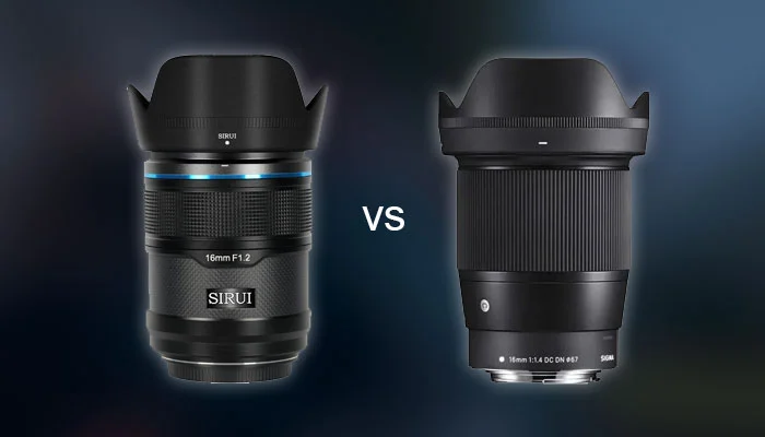 Lente Sirui 16mm F/1.2 Nightwalker lado a lado com a lente Sigma 16mm F/1.4 DC DN Contemporary.