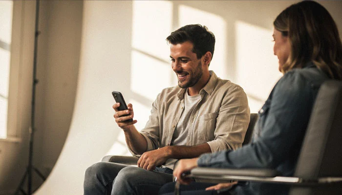Fotógrafo respondendo orçamento de ensaio pelo celular