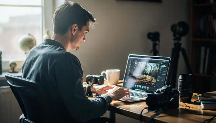Fotógrafo iniciante editando fotos no notebook