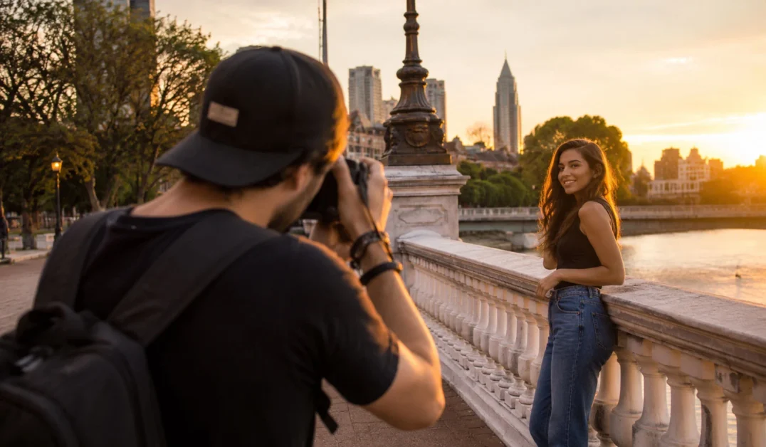 Fotógrafo iniciante realizando ensaio fotográfico externo