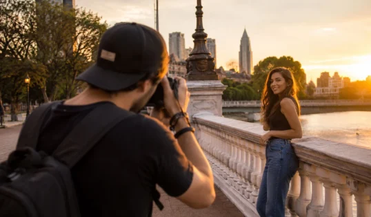 Fotógrafo iniciante realizando ensaio fotográfico externo