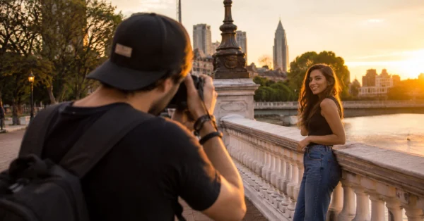 Fotógrafo iniciante realizando ensaio fotográfico externo