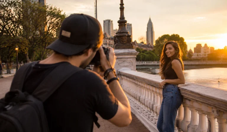 Fotógrafo iniciante realizando ensaio fotográfico externo