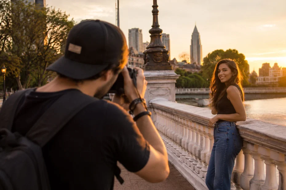 Fotógrafo iniciante realizando ensaio fotográfico externo
