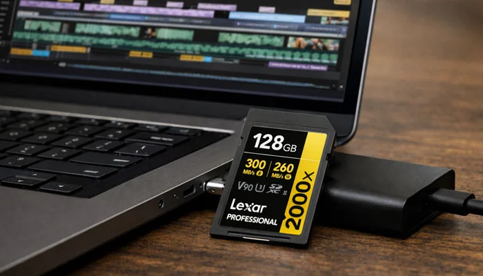 Cartão de memória Lexar conectado a um leitor de mídias USB-C ao lado de um computador com programa de edição de vídeo.