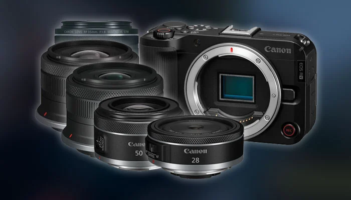 Seleção com as melhores lentes Canon EOS R50 V organizadas sobre uma mesa de madeira